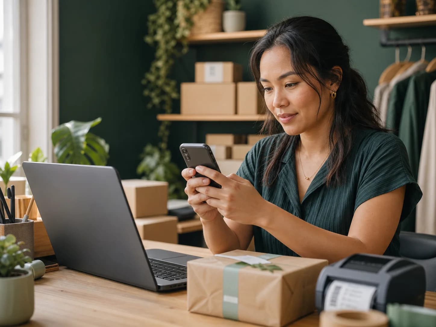An online shop owner checking customer conversations on her phone